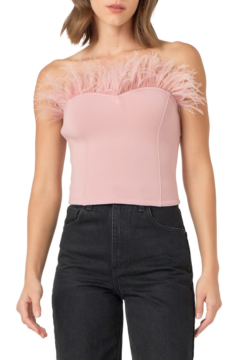 Feather Trim Strapless Top, Main, color, MAUVE