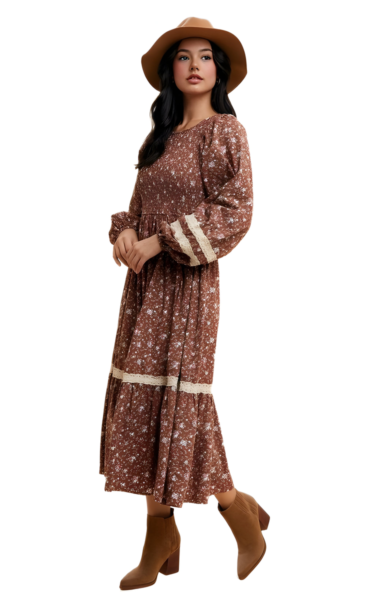 Knit and Lounge Smocked Long Sleeve Midi Dress With Lace Trim, Alternate, color,
