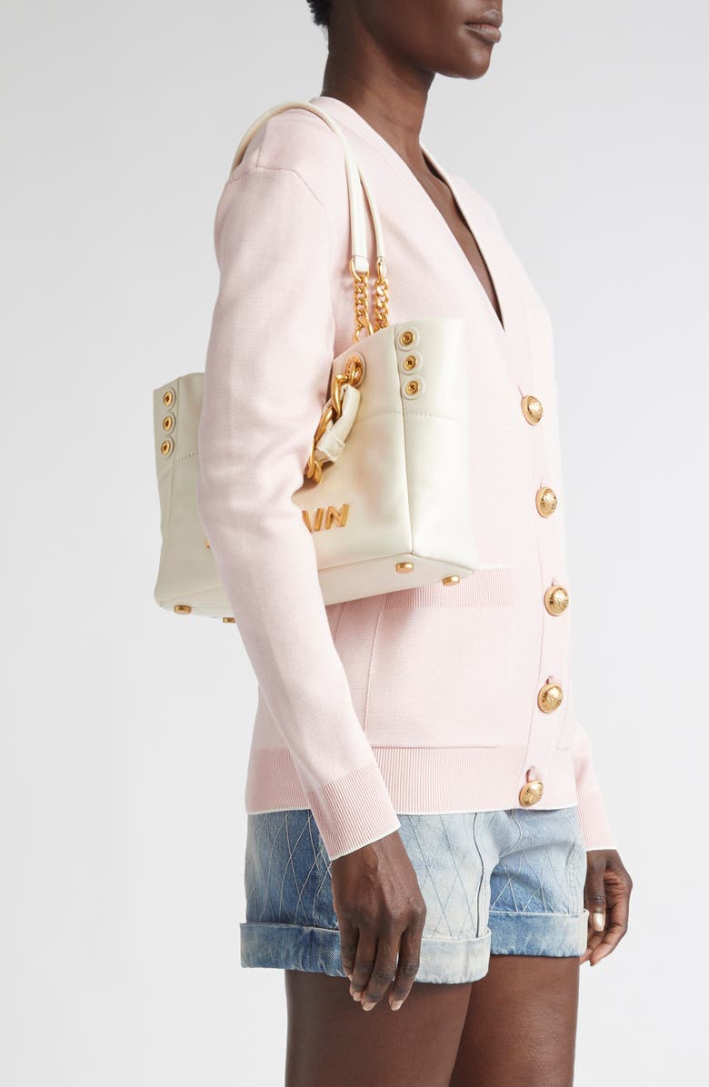 Balmain Small 1945 Soft Cabas Crinkled Leather Tote, Alternate, color, Cream