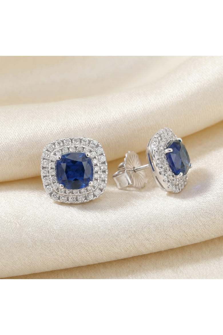 2.65Ct Cushion Halo Blue Sapphire Diamond Studs 14k Gold Earring Lab Grown, Alternate, color, 14k White Gold