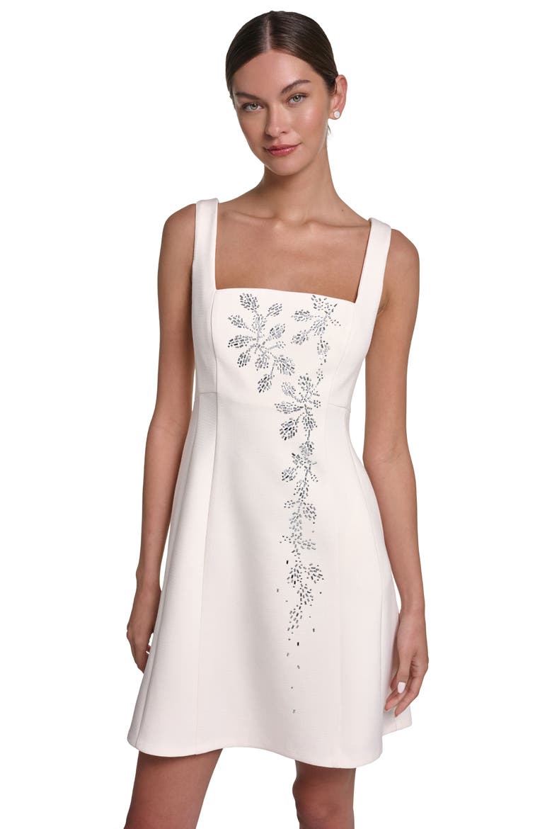 Sleeveless Embellished Crepe Shift Dress, Alternate, color, Antique White