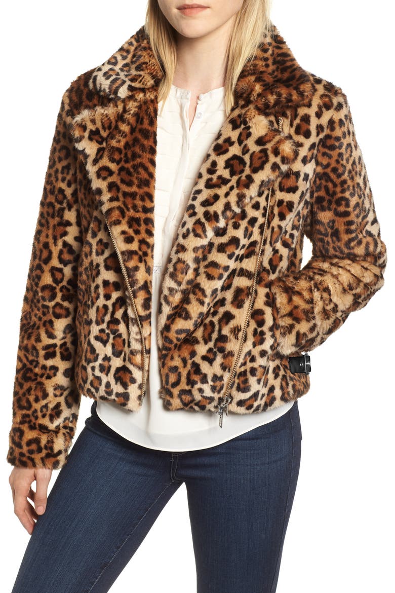Faux Fur Moto Jacket, Main, color, LEOPARD MULTI