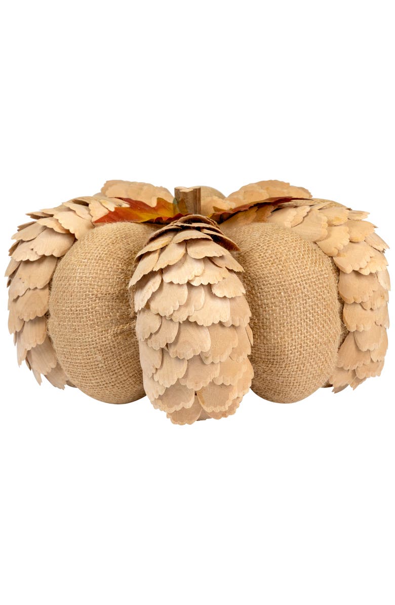 Northlight Burlap and Wooden Petals Pumpkin Fall Harvest Decoration - 10" - Beige, Alternate, color, 