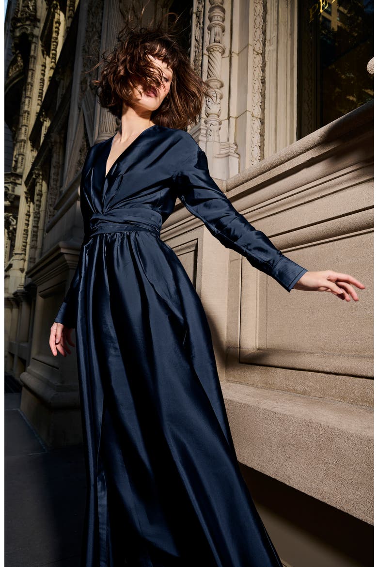 Surplice Long Sleeve Taffeta Gown, Alternate, color, NAVY