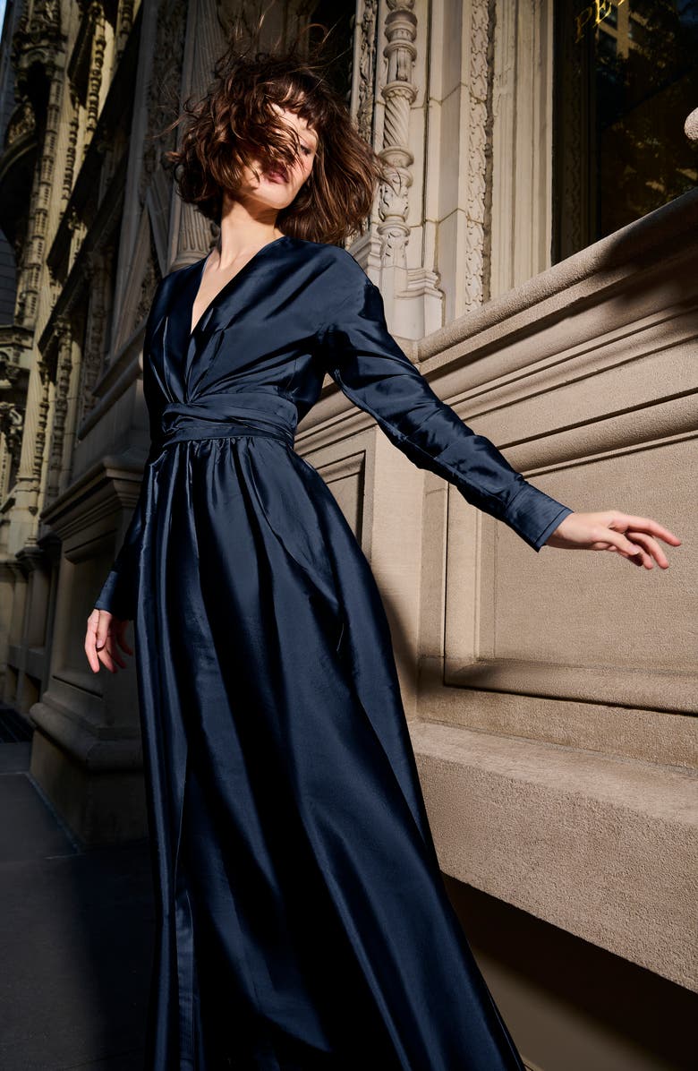 EMILY SHALANT Surplice Long Sleeve Taffeta Gown, Alternate, color, Navy