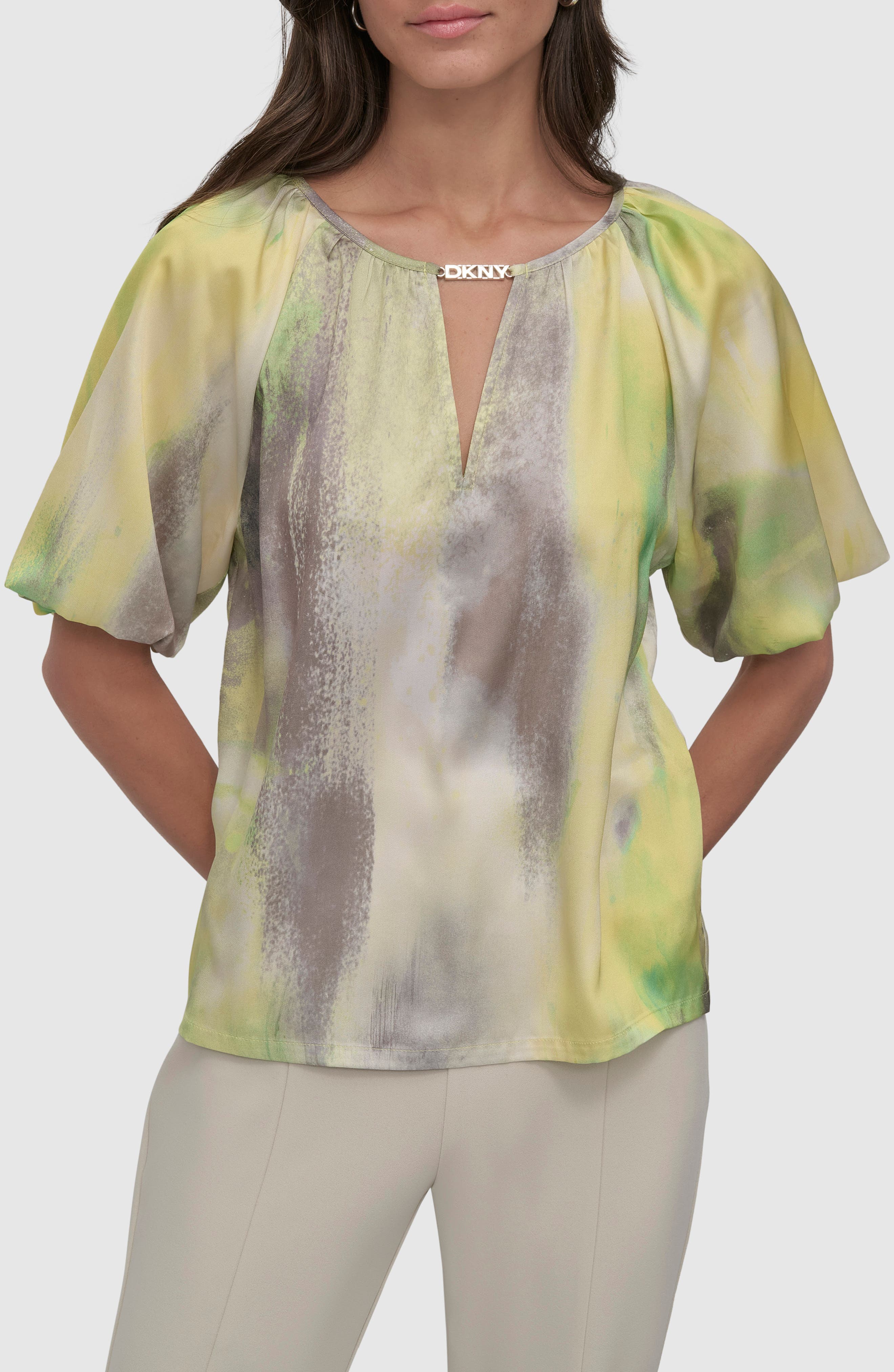 DKNY Abstract Print Logo Charm Puff Sleeve Top