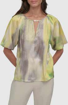 DKNY Abstract Print Logo Charm Puff Sleeve Top
