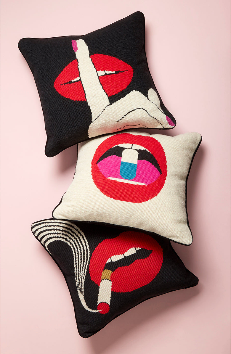 Jonathan Adler Lips Needlepoint Throw Pillow, Alternate, color,