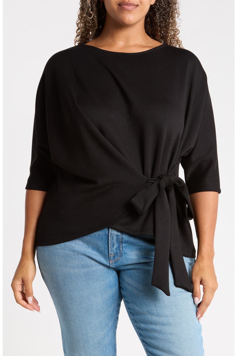 Side Tie Three-Quarter Sleeve Top, Main, color, BLACK