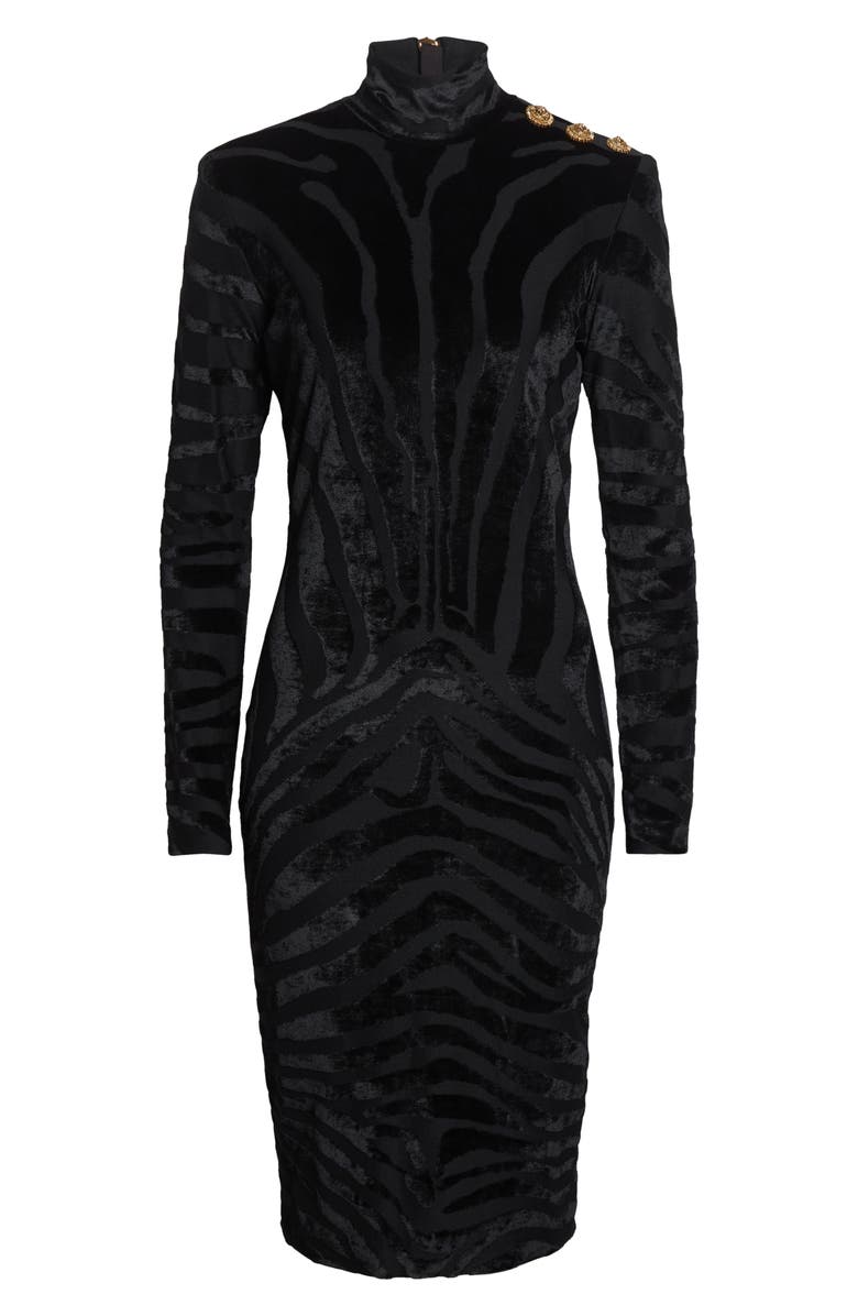Balmain Zebra Stripe Long Sleeve Velvet Body-Con Dress, Alternate, color, 0Pa Black