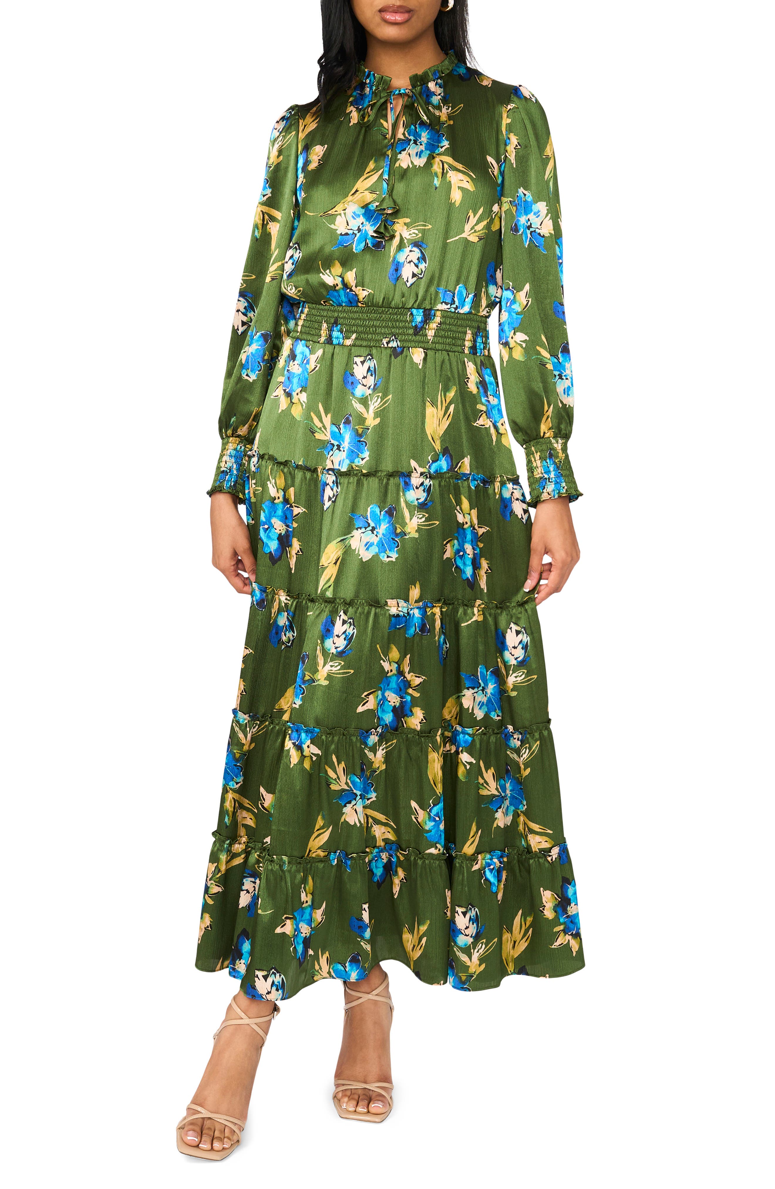 Floral Long Sleeve Satin Maxi Dress