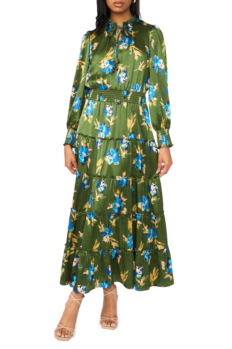 Floral Long Sleeve Satin Maxi Dress, Main, color, GREEN MULTI