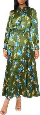 Halogen® Floral Long Sleeve Satin Maxi Dress
