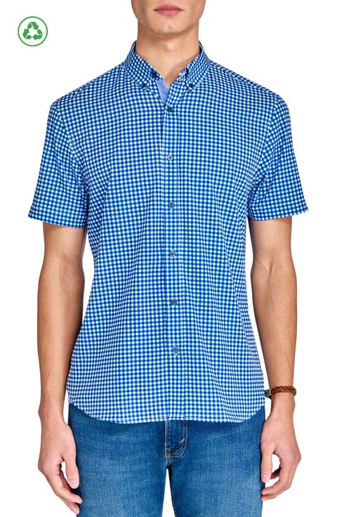 Slim Fit Mini Check Recycled 4-Way Stretch Performance Short Sleeve Shirt