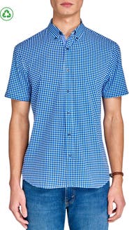 CONSTRUCT Slim Fit Mini Check Recycled 4-Way Stretch Performance Short Sleeve Shirt