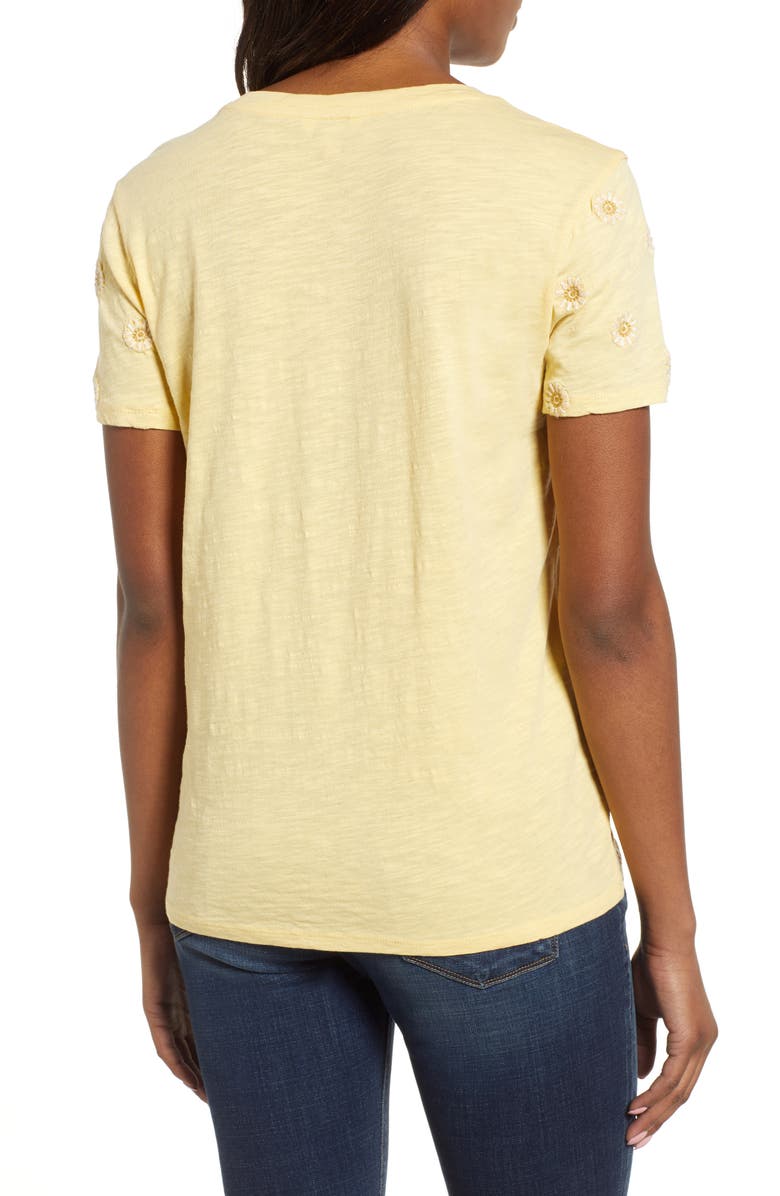 Lucky Brand Daisy All Over Embroidered Cotton Tee, Alternate, color, Yellow