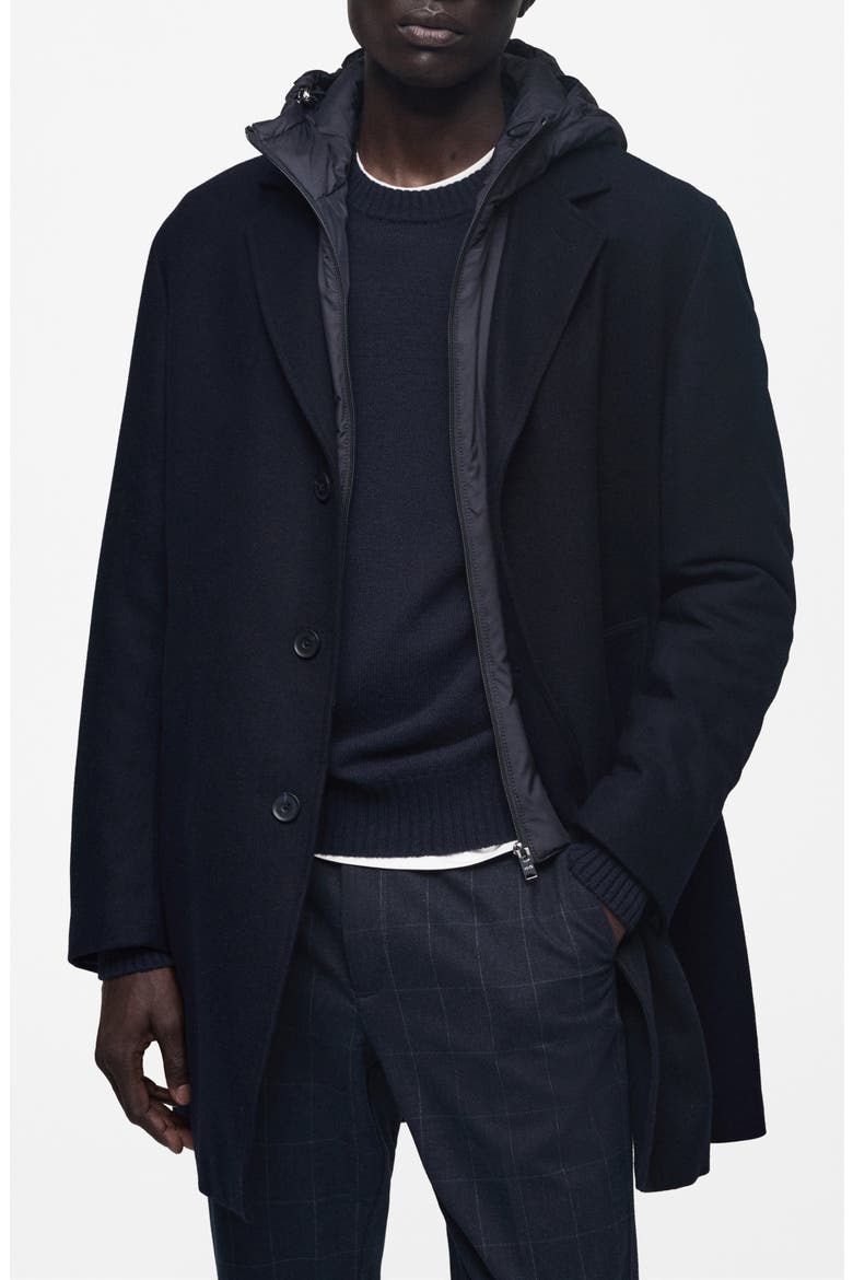 Quilted Lining Wool Blend Coat with Hooded Bib, Main, color, DARK NAVY