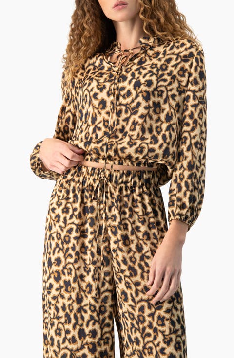 Cropped Animal-Print Lace-Up Blouse