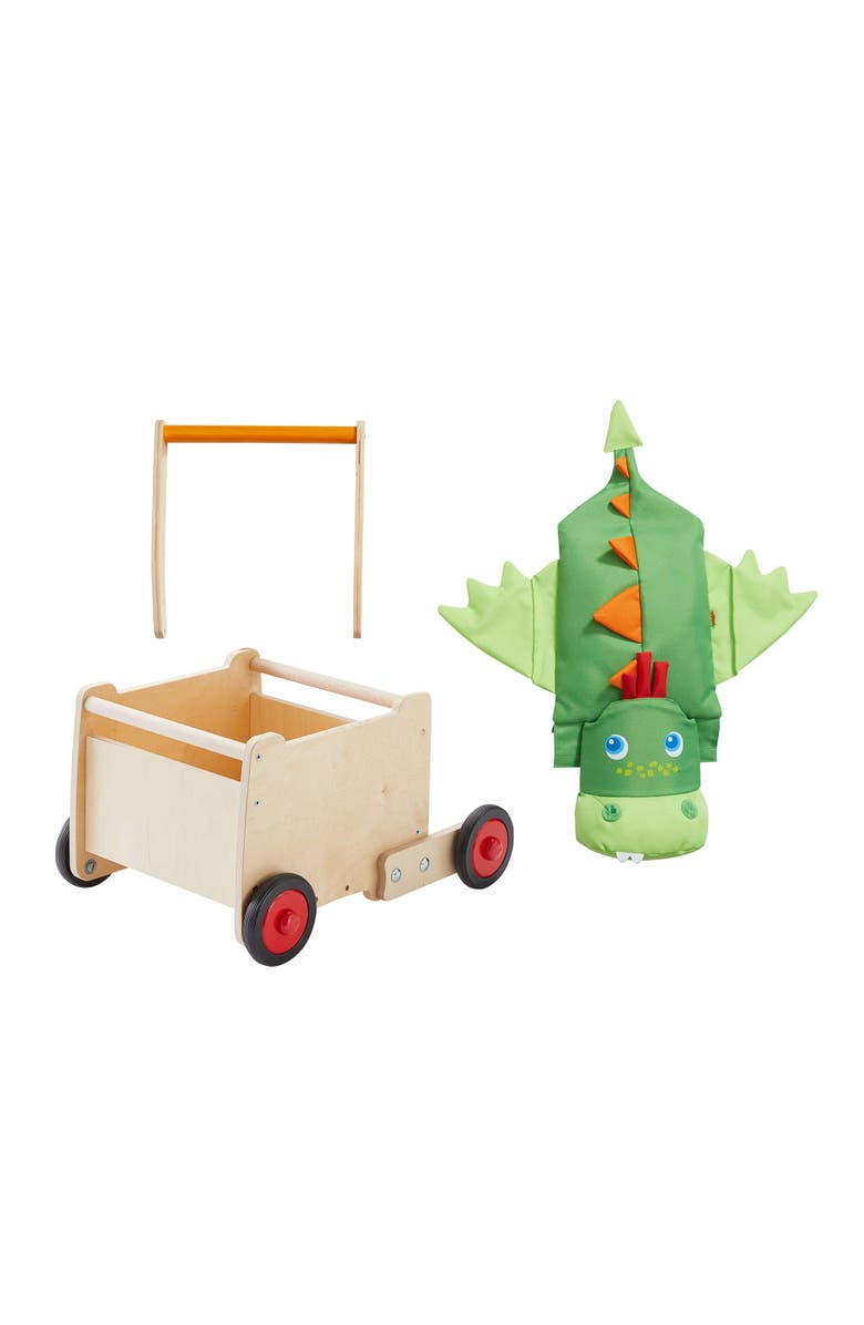 HABA Dragon Wooden Baby Walker Wagon and Baby Push Toy that Turns into a Toy Box for Toddlers, Push Walker with Brake for Adjustable Speed, Alternate, color, Green Multi