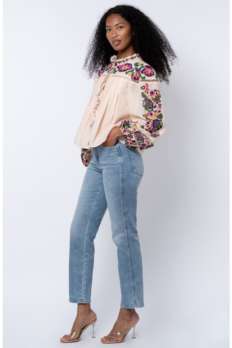 Isme Placed Floral Ruffle Placket Button-Up Shirt, Alternate, color, CREAM MULTI