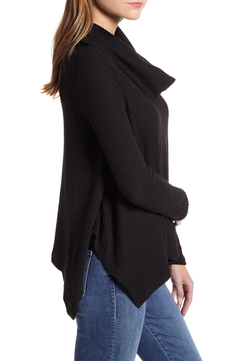 Cowl Neck Shark Bite Hem Waffle Knit Top, Alternate, color, BLACK
