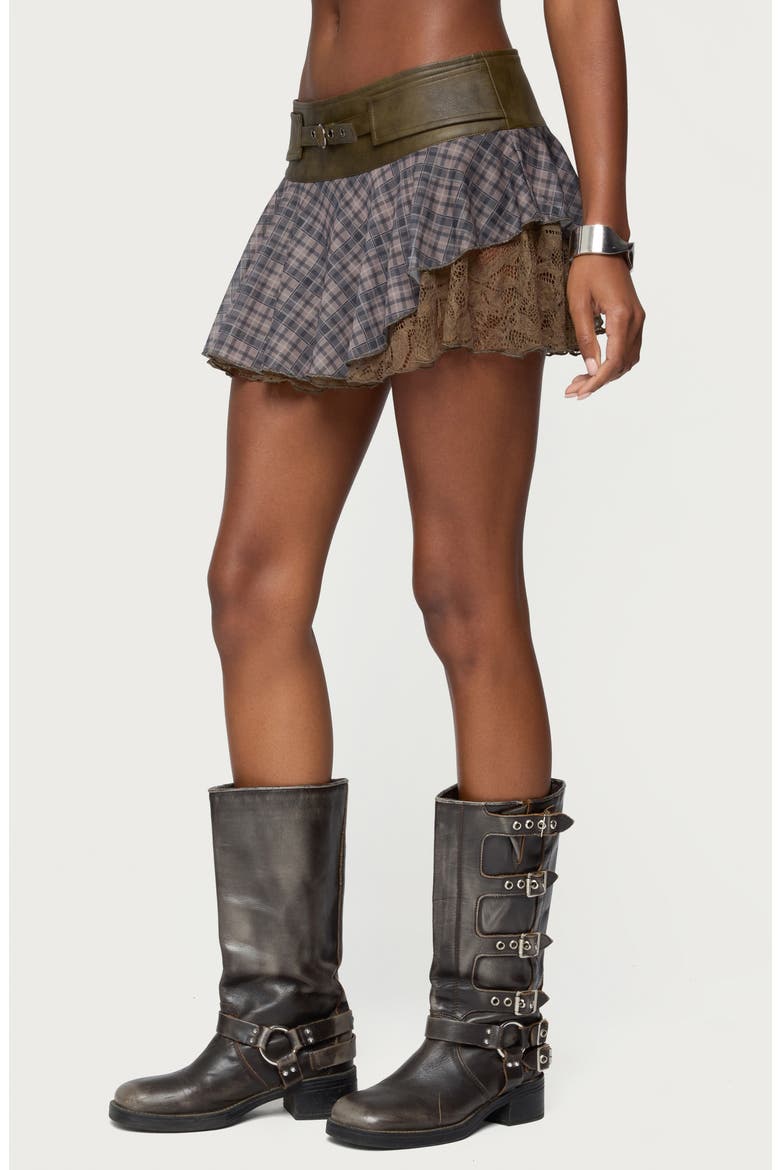 Varley Plaid & Lace Miniskirt, Alternate, color, OLIVE