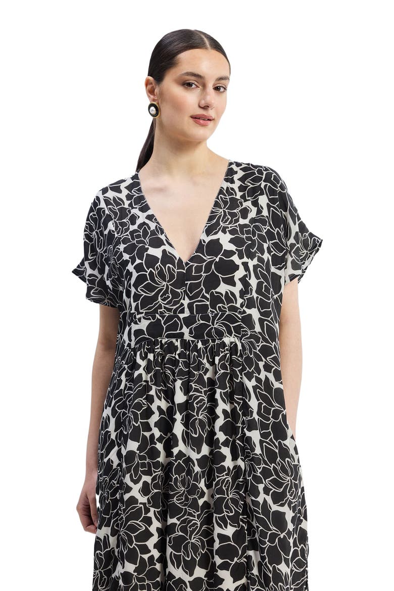 Deep V-neck Maxi Dress with Front Gathers in Black Florals, Alternate, color, Midnight Bloom