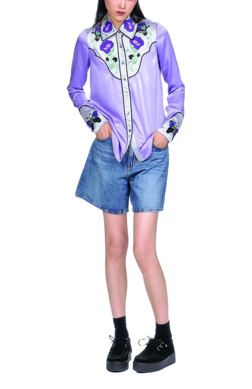 Anna Sui Boudoir Satin Embroidered Cowboy Shirt In Purple