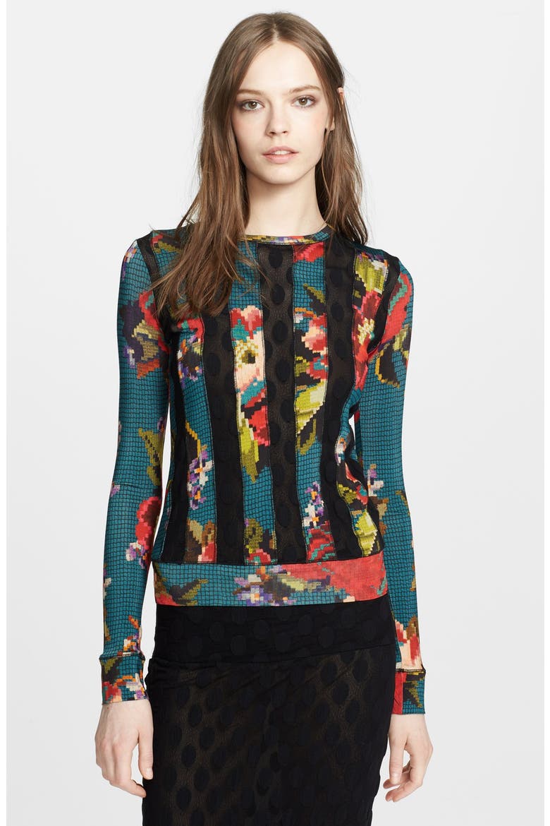 Print Sheer Inset Sweater, Main, color, BLUE MULTI