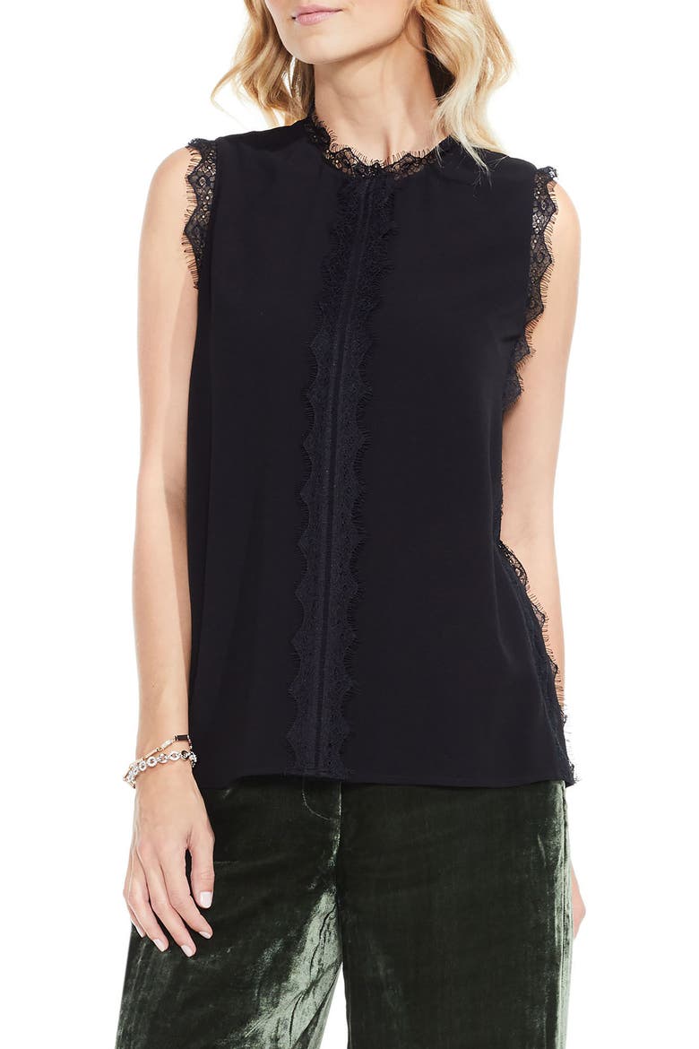 Lace Trim Sleeveless Blouse, Main, color, RICH BLACK