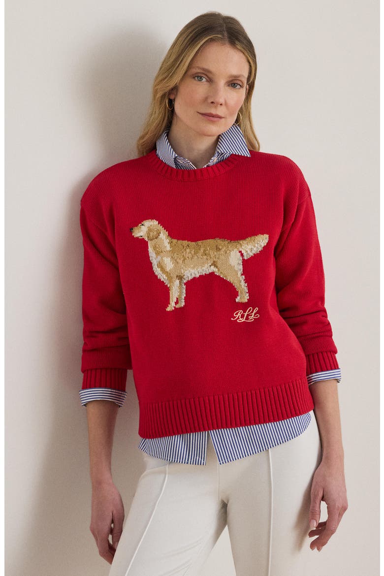 Golden Retriever Cotton Intarsia Sweater, Alternate, color, CRUISE RED MULTI