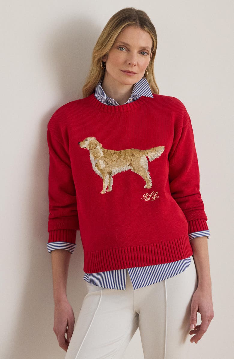 Lauren Ralph Lauren Golden Retriever Cotton Intarsia Sweater, Alternate, color, Cruise Red Multi
