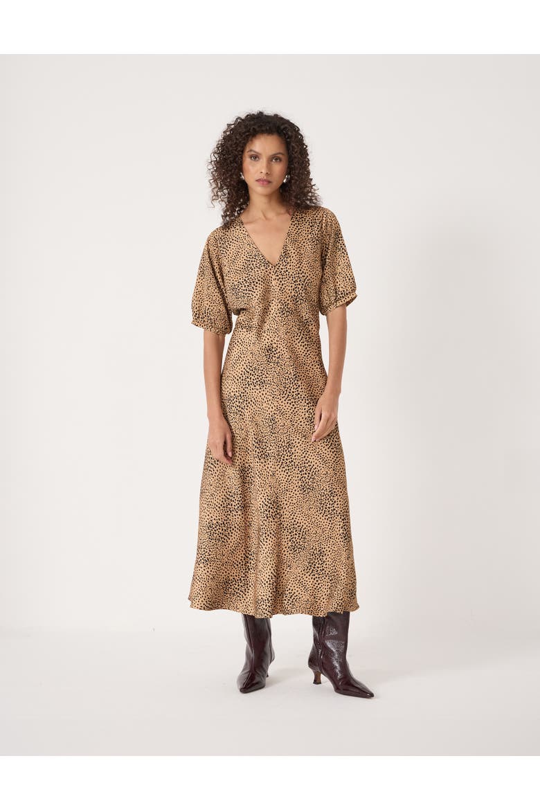 Grace V-Neck Puff Sleeve Satin Dress, Main, color, Deer Brown