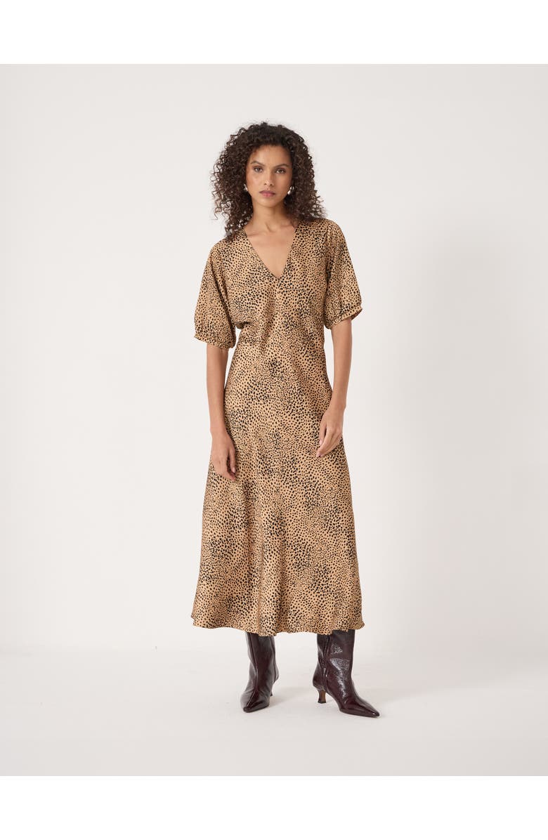 Hush Grace V-Neck Puff Sleeve Satin Dress, Main, color, Deer Brown