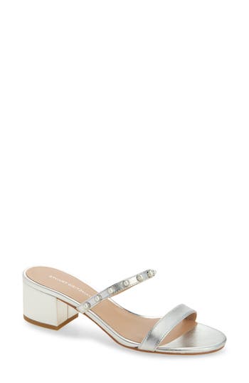 Stuart Weitzman Pearly Strap Block Slide 50 Sandal In Silver