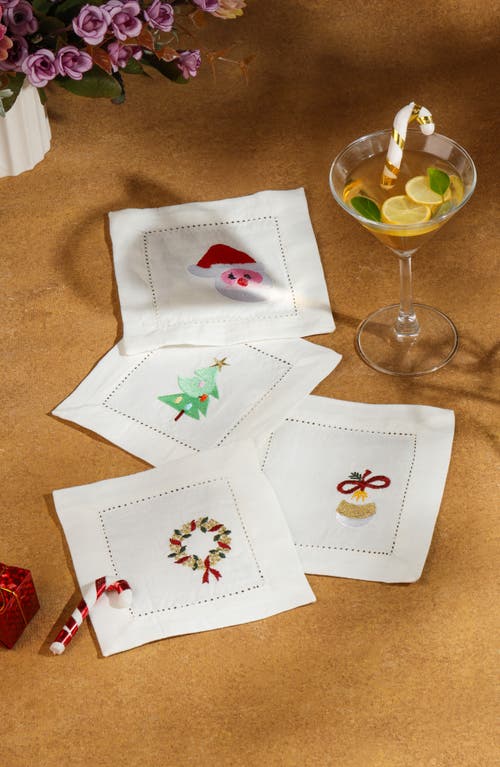 Tiramisu Embroidered Set Of 4 Holiday Cocktail Napkins In White