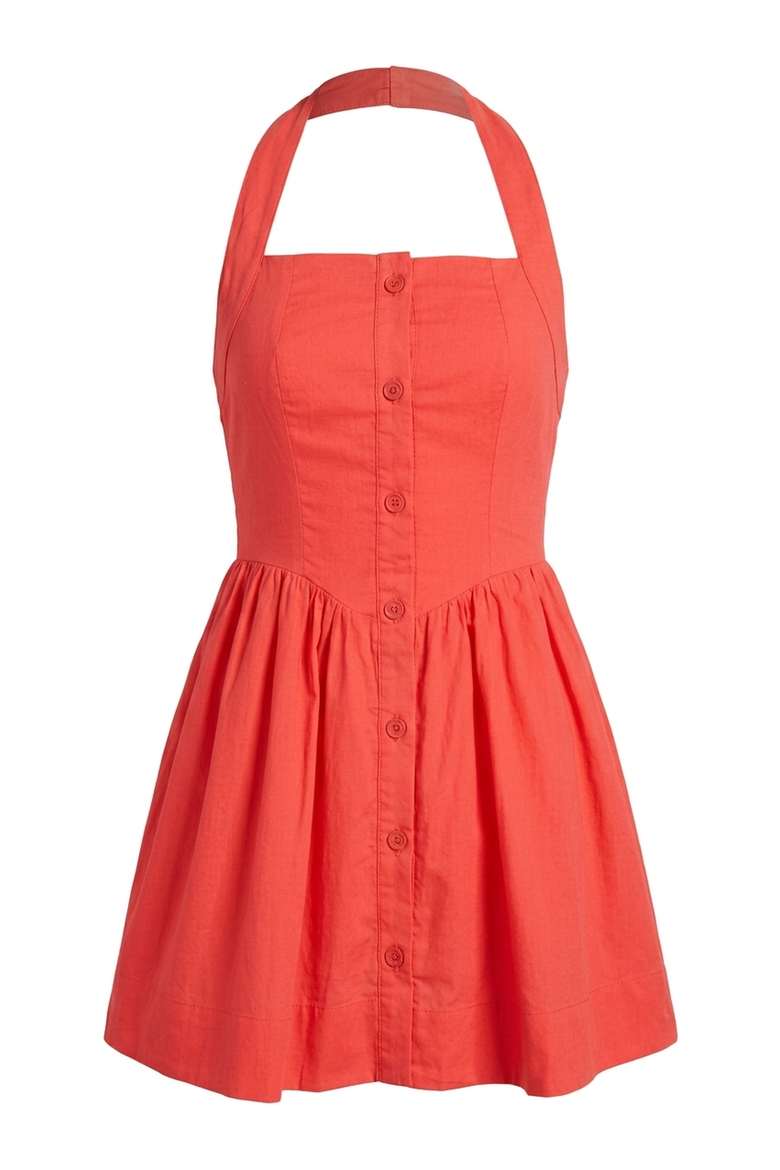 Halter Mini Dress with Button Front and Flared Skirt, Alternate, color, Coral Red