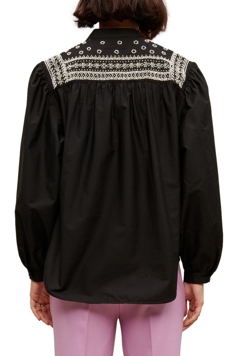 Cever Beaded Cotton Button-Up Shirt, Alternate, color, BLACK