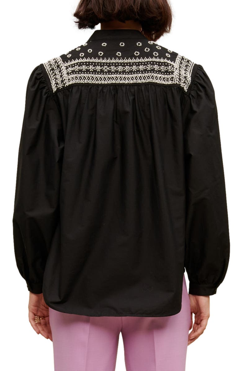 maje Cever Beaded Cotton Button-Up Shirt, Alternate, color, Black