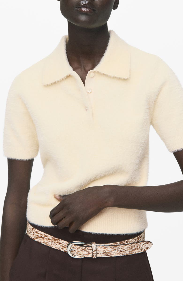 MANGO Faux Fur-Effect Polo Sweater, Main, color, Ecru