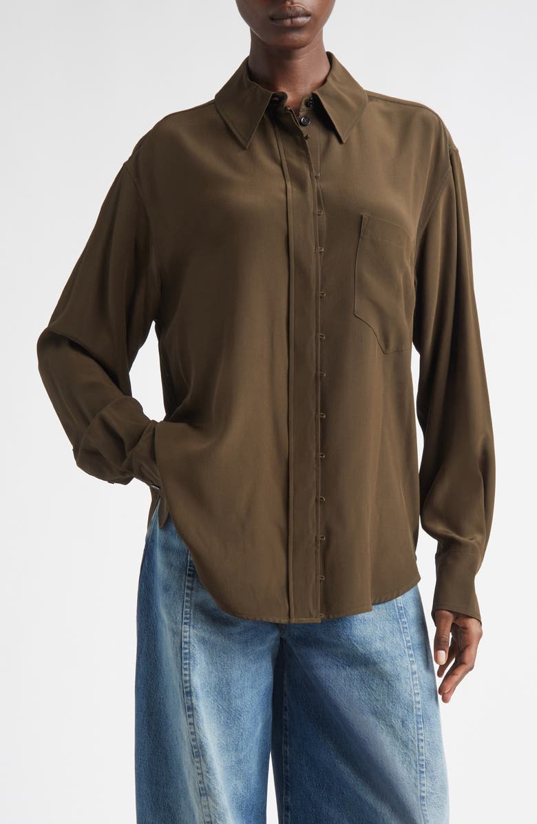Victoria Beckham Rouleaux Detail Silk Shirt, Main, color, Dark Olive
