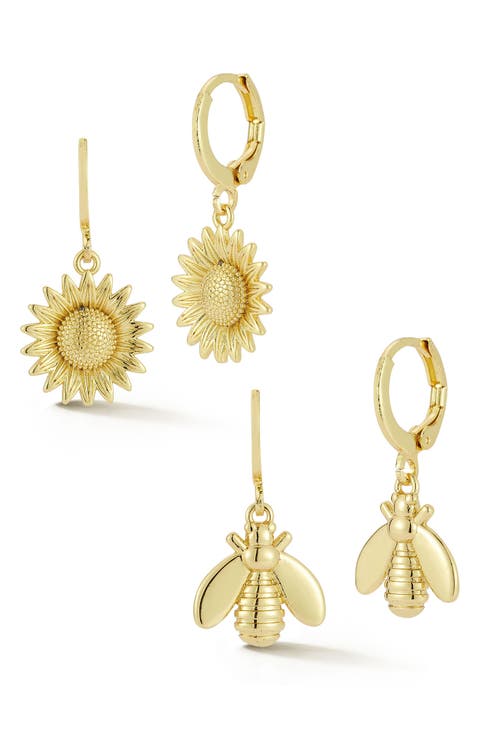 Set of 2 Bee & Sunflower Drop Huggie Hoop Earrings