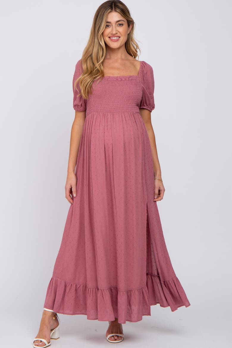 Swiss Dot Square Neck Smocked Maxi Dress, Alternate, color, Mauve