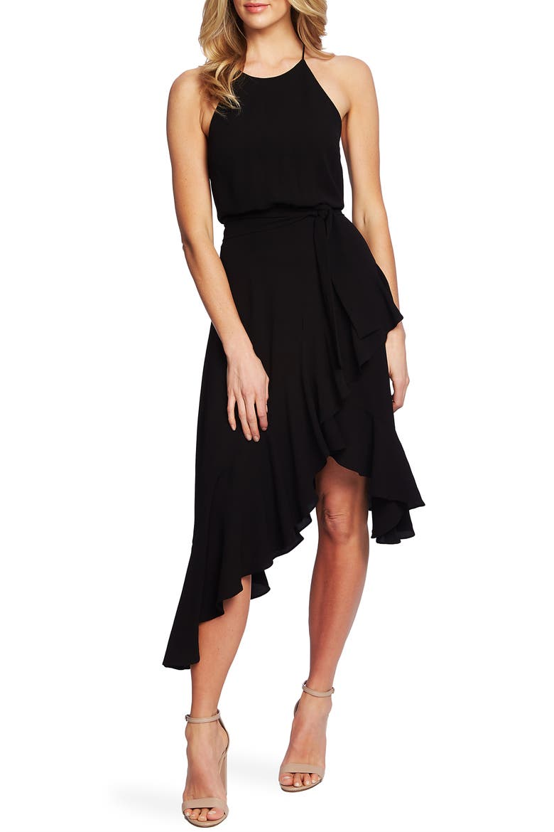 Asymmetrical Cascading Ruffle Hem Dress, Main, color, RICH BLACK