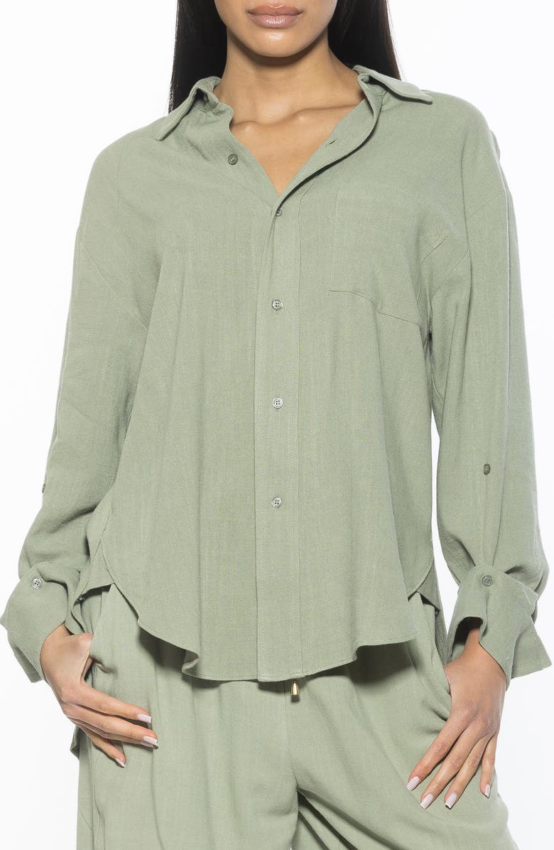 Alexia Admor Amber Oversize Linen & Cotton Button-Up Shirt, Main, color, Sage