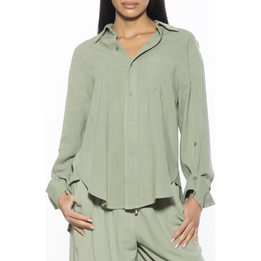 Alexia Admor Amber Oversize Long Sleeve Linen Button-up Shirt In Sage