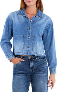 Wash Lab Denim Emma Boxy Raw Hem Crop Denim Jacket