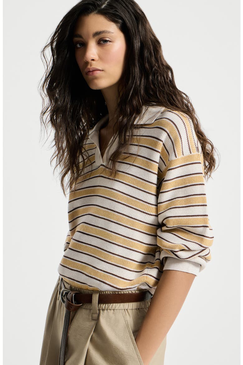Cotton knit polo with sparkling stripes, Alternate, color, Zabaione Yellow