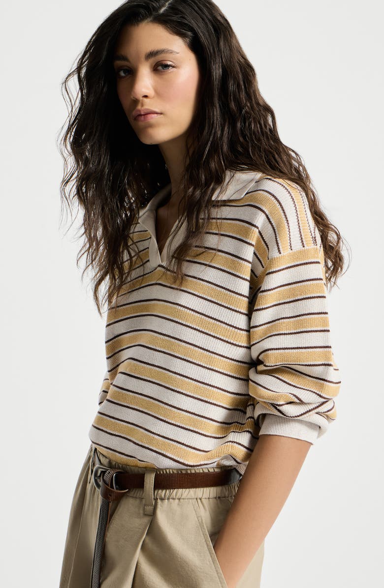 Brunello Cucinelli Knit polo with sparkling stripes, Alternate, color, Yellow