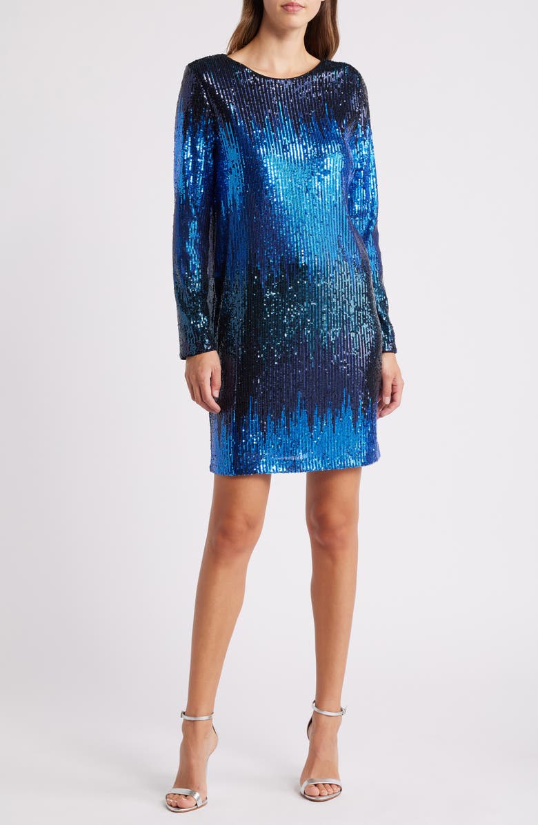 Chelsea28 Long Sleeve Sequin Cocktail Minidress, Main, color, Blue Multi Stripe